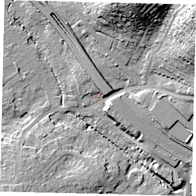 Shaded relief map of the ground around HA98RU, computed from Environment Agency LiDAR. The ground here sits at about 33 m above sea level and falls 36 m across the surrounding 800 m. Surface water reaching this point runs off ground lying to the north-east, 32.9 m higher.