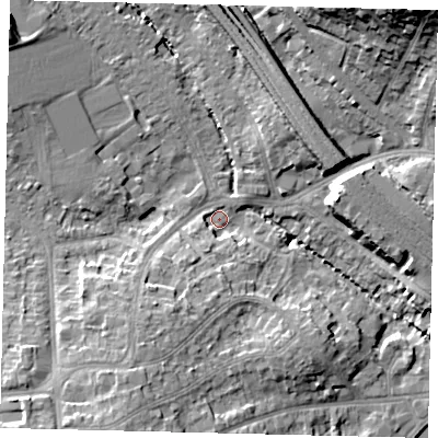Shaded relief map of the ground around HA98UU, computed from Environment Agency LiDAR. The ground here sits at about 33 m above sea level and falls 22 m across the surrounding 800 m. Surface water reaching this point runs off ground lying to the south-south-west, 8.5 m higher.