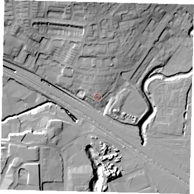 Shaded relief map of the ground around HA99BT, computed from Environment Agency LiDAR. The ground here sits at about 34 m above sea level and falls 24 m across the surrounding 800 m. Surface water reaching this point runs off ground lying to the north, 5.8 m higher.