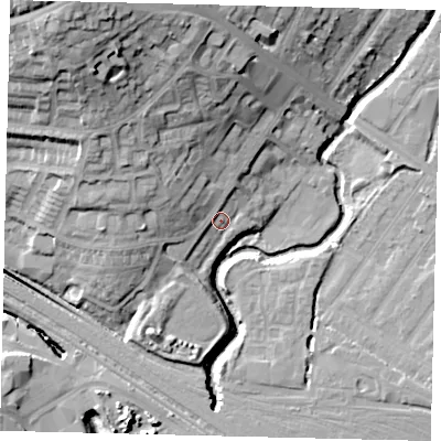 Shaded relief map of the ground around HA99BX, computed from Environment Agency LiDAR. The ground here sits at about 33 m above sea level and falls 31 m across the surrounding 800 m. Surface water reaching this point runs off ground lying to the west-north-west, 9.9 m higher.