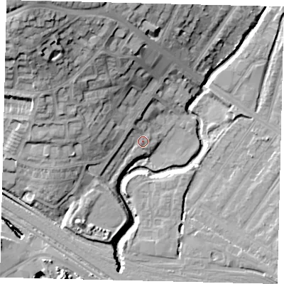 Shaded relief map of the ground around HA99BY, computed from Environment Agency LiDAR. The ground here sits at about 32 m above sea level and falls 32 m across the surrounding 800 m. Surface water reaching this point runs off ground lying to the west, 10.3 m higher.