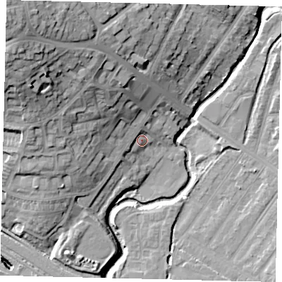 Shaded relief map of the ground around HA99BZ, computed from Environment Agency LiDAR. The ground here sits at about 32 m above sea level and falls 33 m across the surrounding 800 m. Surface water reaching this point runs off ground lying to the north-west, 15.7 m higher.