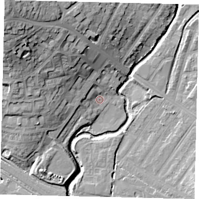 Shaded relief map of the ground around HA99DA, computed from Environment Agency LiDAR. The ground here sits at about 30 m above sea level and falls 32 m across the surrounding 800 m. Surface water reaching this point runs off ground lying to the north-west, 18.9 m higher.