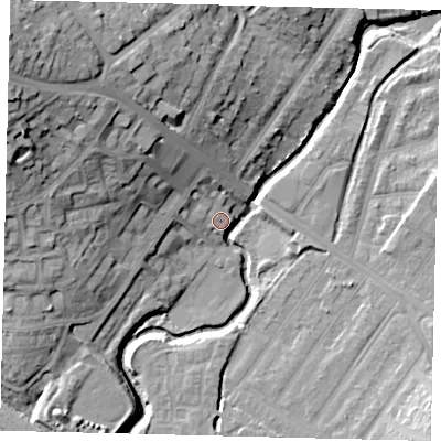 Shaded relief map of the ground around HA99DB, computed from Environment Agency LiDAR. The ground here sits at about 32 m above sea level and falls 30 m across the surrounding 800 m. Surface water reaching this point runs off ground lying to the north-west, 5.2 m higher.