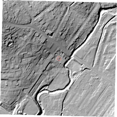 Shaded relief map of the ground around HA99DR, computed from Environment Agency LiDAR. The ground here sits at about 33 m above sea level and falls 31 m across the surrounding 800 m. Surface water reaching this point runs off ground lying to the north-west, 18.2 m higher.