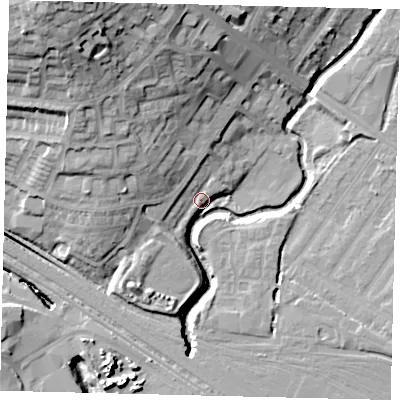 Shaded relief map of the ground around HA99PB, computed from Environment Agency LiDAR. The ground here sits at about 32 m above sea level and falls 30 m across the surrounding 800 m. Surface water reaching this point runs off ground lying to the west-north-west, 15.1 m higher.