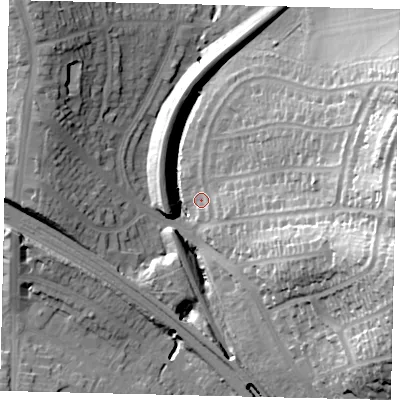 Shaded relief map of the ground around HA99RU, computed from Environment Agency LiDAR. The ground here sits at about 36 m above sea level and falls 39 m across the surrounding 800 m. Surface water reaching this point runs off ground lying to the east-south-east, 38.2 m higher.