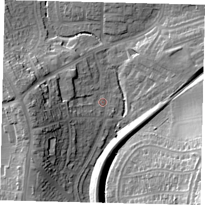 Shaded relief map of the ground around HA99TE, computed from Environment Agency LiDAR. The ground here sits at about 36 m above sea level and falls 27 m across the surrounding 800 m. Surface water reaching this point runs off ground lying to the west, 19.7 m higher.