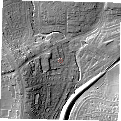 Shaded relief map of the ground around HA99TF, computed from Environment Agency LiDAR. The ground here sits at about 37 m above sea level and falls 21 m across the surrounding 800 m. Surface water reaching this point runs off ground lying to the west-south-west, 17.0 m higher.