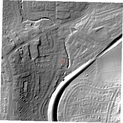 Shaded relief map of the ground around HA99TG, computed from Environment Agency LiDAR. The ground here sits at about 35 m above sea level and falls 32 m across the surrounding 800 m. Surface water reaching this point runs off ground lying to the west-south-west, 9.7 m higher.