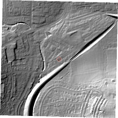 Shaded relief map of the ground around HA99TH, computed from Environment Agency LiDAR. The ground here sits at about 39 m above sea level and falls 47 m across the surrounding 800 m. Surface water reaching this point runs off ground lying to the east-north-east, 6.2 m higher.