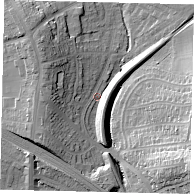 Shaded relief map of the ground around HA99TL, computed from Environment Agency LiDAR. The ground here sits at about 36 m above sea level and falls 28 m across the surrounding 800 m. Surface water reaching this point runs off ground lying to the south-east, 28.2 m higher.