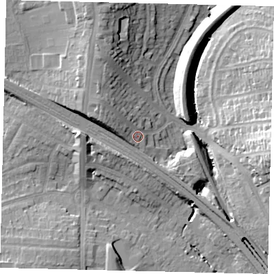 Shaded relief map of the ground around HA99TN, computed from Environment Agency LiDAR. The ground here sits at about 40 m above sea level and falls 22 m across the surrounding 800 m. Surface water reaching this point runs off ground lying to the north-west, 7.2 m higher.