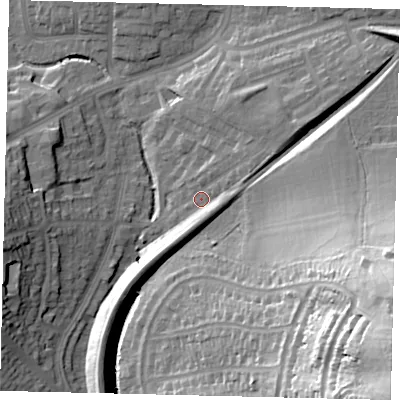Shaded relief map of the ground around HA99TQ, computed from Environment Agency LiDAR. The ground here sits at about 37 m above sea level and falls 47 m across the surrounding 800 m. Surface water reaching this point runs off ground lying to the east, 10.6 m higher.