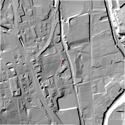 Shaded relief map of the ground around HD11SG, computed from Environment Agency LiDAR. The ground here sits at about 67 m above sea level and falls 34 m across the surrounding 800 m. Surface water reaching this point runs off ground lying to the west, 11.5 m higher.