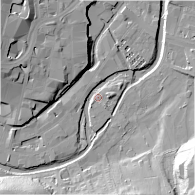 Shaded relief map of the ground around HD13AA, computed from Environment Agency LiDAR. The ground here sits at about 66 m above sea level and falls 40 m across the surrounding 800 m. Surface water reaching this point runs off ground lying to the south-west, 32.1 m higher.