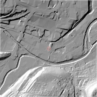 Shaded relief map of the ground around HD13AG, computed from Environment Agency LiDAR. The ground here sits at about 70 m above sea level and falls 55 m across the surrounding 800 m. Surface water reaching this point runs off ground lying to the north-north-west, 21.0 m higher.