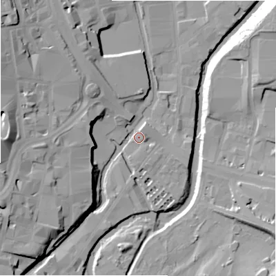 Shaded relief map of the ground around HD13AL, computed from Environment Agency LiDAR. The ground here sits at about 65 m above sea level and falls 28 m across the surrounding 800 m. Surface water reaching this point runs off ground lying to the west, 22.5 m higher.