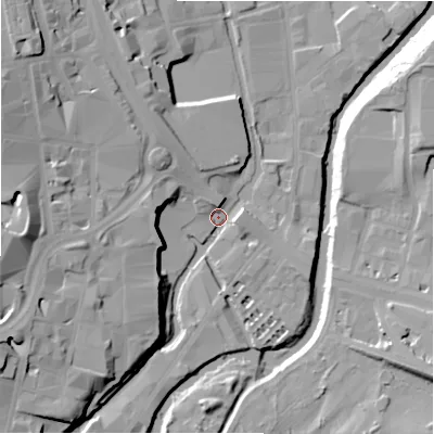 Shaded relief map of the ground around HD13AQ, computed from Environment Agency LiDAR. The ground here sits at about 64 m above sea level and falls 28 m across the surrounding 800 m. Surface water reaching this point runs off ground lying to the west-north-west, 22.5 m higher.