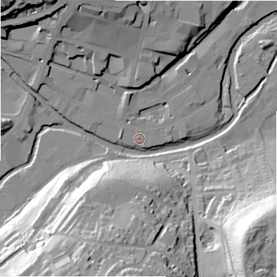 Shaded relief map of the ground around HD13AR, computed from Environment Agency LiDAR. The ground here sits at about 69 m above sea level and falls 55 m across the surrounding 800 m. Surface water reaching this point runs off ground lying to the north, 1.7 m higher.