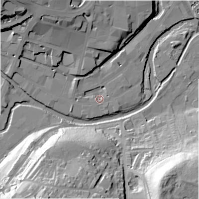 Shaded relief map of the ground around HD13AY, computed from Environment Agency LiDAR. The ground here sits at about 69 m above sea level and falls 56 m across the surrounding 800 m. Surface water reaching this point runs off ground lying to the west, 2.1 m higher.