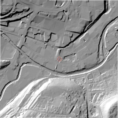 Shaded relief map of the ground around HD13AZ, computed from Environment Agency LiDAR. The ground here sits at about 70 m above sea level and falls 55 m across the surrounding 800 m. Surface water reaching this point runs off ground lying to the north-north-west, 2.8 m higher.