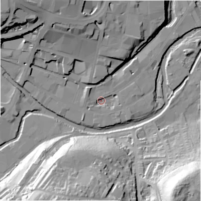 Shaded relief map of the ground around HD13BA, computed from Environment Agency LiDAR. The ground here sits at about 68 m above sea level and falls 55 m across the surrounding 800 m. Surface water reaching this point runs off ground lying to the west-north-west, 4.6 m higher.