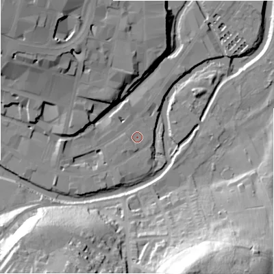 Shaded relief map of the ground around HD13BD, computed from Environment Agency LiDAR. The ground here sits at about 68 m above sea level and falls 55 m across the surrounding 800 m. Surface water reaching this point runs off ground lying to the west, 1.4 m higher.