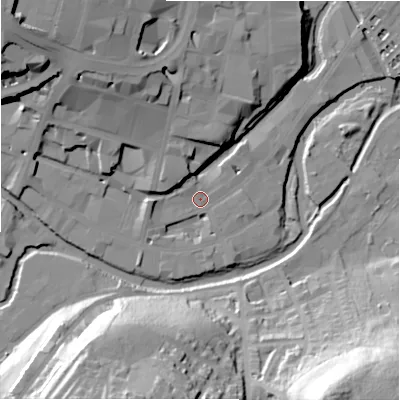 Shaded relief map of the ground around HD13BE, computed from Environment Agency LiDAR. The ground here sits at about 69 m above sea level and falls 55 m across the surrounding 800 m. Surface water reaching this point runs off ground lying to the north-north-west, 16.1 m higher.