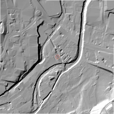 Shaded relief map of the ground around HD13BN, computed from Environment Agency LiDAR. The ground here sits at about 65 m above sea level and falls 35 m across the surrounding 800 m. Surface water reaching this point runs off ground lying to the south-west, 2.2 m higher.