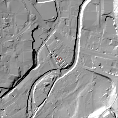 Shaded relief map of the ground around HD13BP, computed from Environment Agency LiDAR. The ground here sits at about 65 m above sea level and falls 35 m across the surrounding 800 m. Surface water reaching this point runs off ground lying to the north, 3.2 m higher.