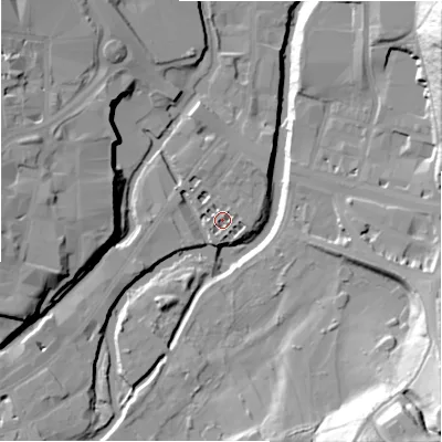 Shaded relief map of the ground around HD13BR, computed from Environment Agency LiDAR. The ground here sits at about 65 m above sea level and falls 37 m across the surrounding 800 m. Surface water reaching this point runs off ground lying to the south-south-west, 1.8 m higher.