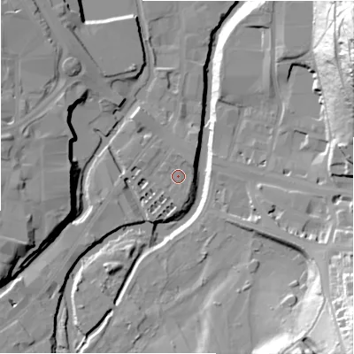 Shaded relief map of the ground around HD13BS, computed from Environment Agency LiDAR. The ground here sits at about 65 m above sea level and falls 52 m across the surrounding 800 m. Surface water reaching this point runs off ground lying to the north-north-west, 3.2 m higher.