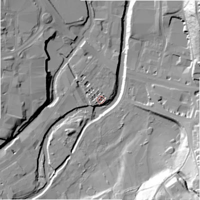 Shaded relief map of the ground around HD13BT, computed from Environment Agency LiDAR. The ground here sits at about 65 m above sea level and falls 41 m across the surrounding 800 m. Surface water reaching this point runs off ground lying to the west-south-west, 1.8 m higher.