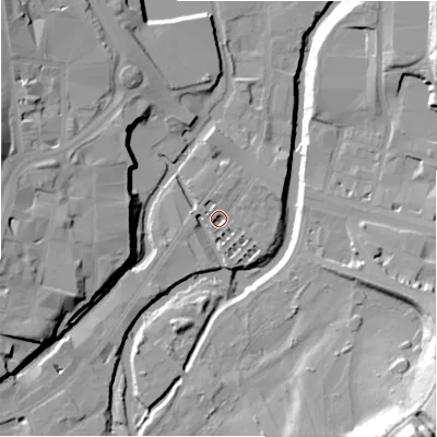 Shaded relief map of the ground around HD13BW, computed from Environment Agency LiDAR. The ground here sits at about 63 m above sea level and falls 33 m across the surrounding 800 m. Surface water reaching this point runs off ground lying to the north, 2.1 m higher.