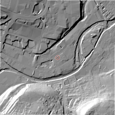 Shaded relief map of the ground around HD13BY, computed from Environment Agency LiDAR. The ground here sits at about 69 m above sea level and falls 57 m across the surrounding 800 m. Surface water reaching this point runs off ground lying to the north-north-west, 16.2 m higher.