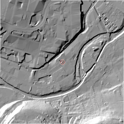 Shaded relief map of the ground around HD13BZ, computed from Environment Agency LiDAR. The ground here sits at about 69 m above sea level and falls 45 m across the surrounding 800 m. Surface water reaching this point runs off ground lying to the north-west, 18.2 m higher.