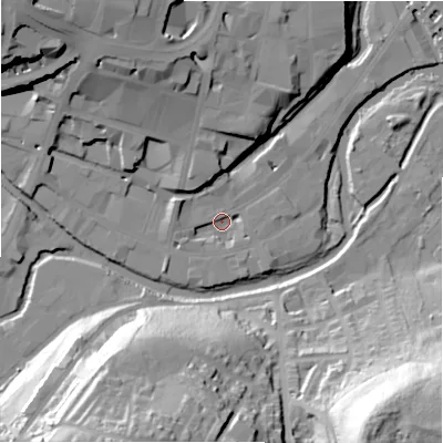Shaded relief map of the ground around HD13DA, computed from Environment Agency LiDAR. The ground here sits at about 68 m above sea level and falls 55 m across the surrounding 800 m. Surface water reaching this point runs off ground lying to the north-north-west, 16.0 m higher.