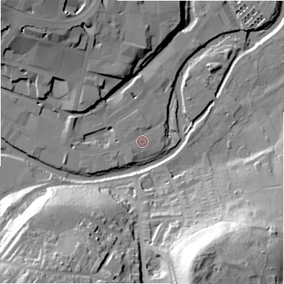 Shaded relief map of the ground around HD13DG, computed from Environment Agency LiDAR. The ground here sits at about 69 m above sea level and falls 58 m across the surrounding 800 m. Surface water reaching this point runs off ground lying to the south-south-west, 1.9 m higher.