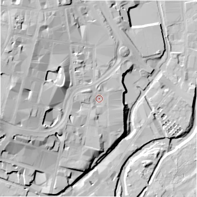 Shaded relief map of the ground around HD13DH, computed from Environment Agency LiDAR. The ground here sits at about 77 m above sea level and falls 37 m across the surrounding 800 m. Surface water reaching this point runs off ground lying to the west, 17.8 m higher.