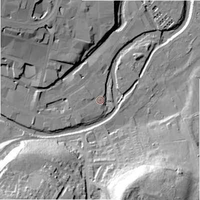 Shaded relief map of the ground around HD13DL, computed from Environment Agency LiDAR. The ground here sits at about 68 m above sea level and falls 58 m across the surrounding 800 m. Surface water reaching this point runs off ground lying to the south-west, 2.4 m higher.