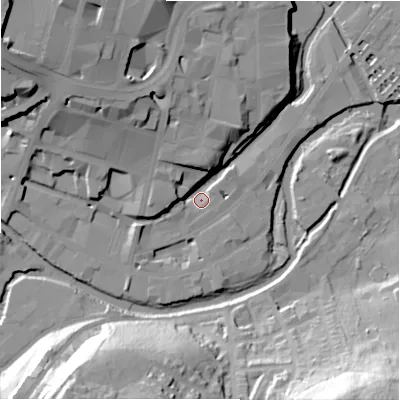 Shaded relief map of the ground around HD13DN, computed from Environment Agency LiDAR. The ground here sits at about 68 m above sea level and falls 46 m across the surrounding 800 m. Surface water reaching this point runs off ground lying to the north-west, 9.9 m higher.