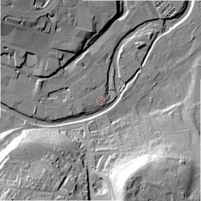 Shaded relief map of the ground around HD13DQ, computed from Environment Agency LiDAR. The ground here sits at about 68 m above sea level and falls 58 m across the surrounding 800 m. Surface water reaching this point runs off ground lying to the west, 2.4 m higher.