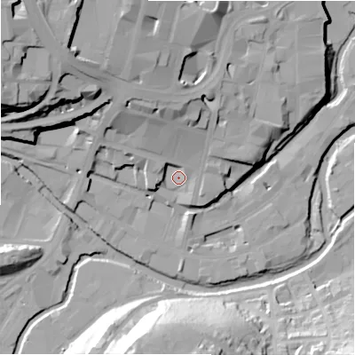 Shaded relief map of the ground around HD13DX, computed from Environment Agency LiDAR. The ground here sits at about 73 m above sea level and falls 43 m across the surrounding 800 m. Surface water reaching this point runs off ground lying to the north-north-west, 18.1 m higher.