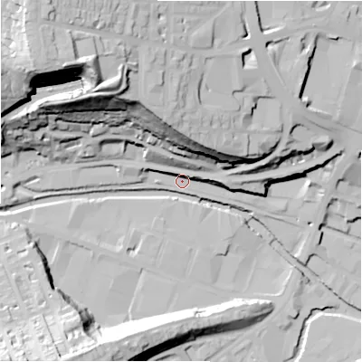 Shaded relief map of the ground around HD13DZ, computed from Environment Agency LiDAR. The ground here sits at about 74 m above sea level and falls 64 m across the surrounding 800 m. Surface water reaching this point runs off ground lying to the north-west, 56.7 m higher.