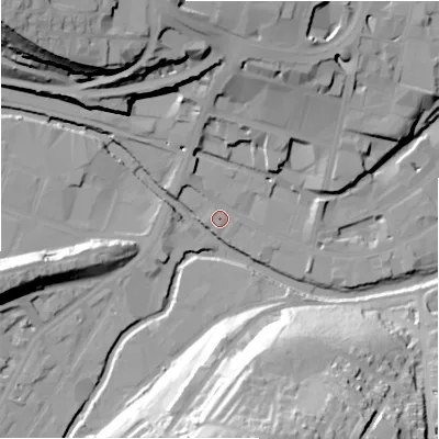 Shaded relief map of the ground around HD13EG, computed from Environment Agency LiDAR. The ground here sits at about 70 m above sea level and falls 49 m across the surrounding 800 m. Surface water reaching this point runs off ground lying to the north-north-west, 0.9 m higher.