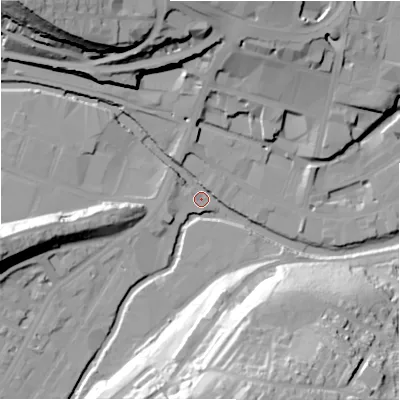 Shaded relief map of the ground around HD13EP, computed from Environment Agency LiDAR. The ground here sits at about 69 m above sea level and falls 48 m across the surrounding 800 m. Surface water reaching this point runs off ground lying to the north, 32.5 m higher.