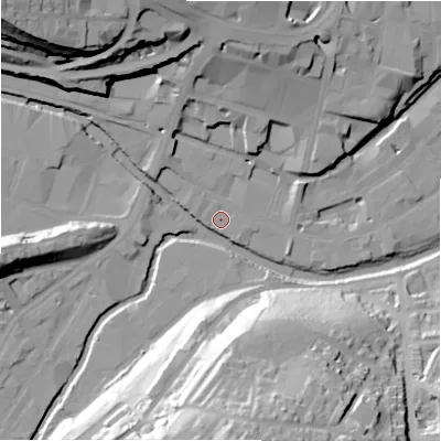 Shaded relief map of the ground around HD13ER, computed from Environment Agency LiDAR. The ground here sits at about 70 m above sea level and falls 47 m across the surrounding 800 m. Surface water reaching this point runs off ground lying to the west-north-west, 2.4 m higher.
