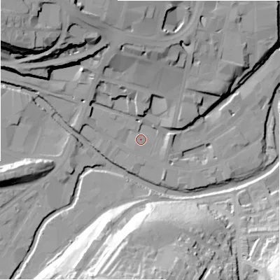 Shaded relief map of the ground around HD13ES, computed from Environment Agency LiDAR. The ground here sits at about 70 m above sea level and falls 46 m across the surrounding 800 m. Surface water reaching this point runs off ground lying to the north-north-west, 21.5 m higher.