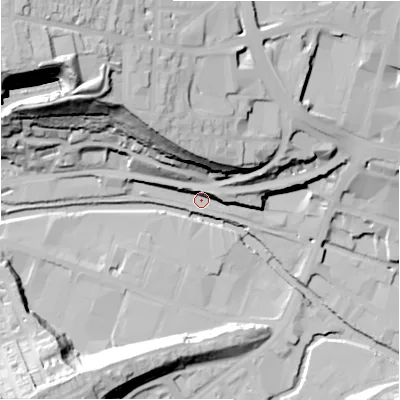 Shaded relief map of the ground around HD13FL, computed from Environment Agency LiDAR. The ground here sits at about 74 m above sea level and falls 64 m across the surrounding 800 m. Surface water reaching this point runs off ground lying to the east-north-east, 24.9 m higher.